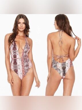 L*SPACE Rhapsody Pamela Deep V Halter Brazilian Swimsuit Boho Print Size 8